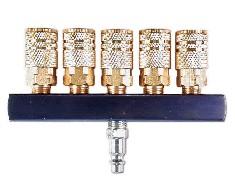 Primefit M14025-7 5-Way Air Manifold with 1/4" Industrial 6-Ball Brass Couplers, 1/4" - Image 1